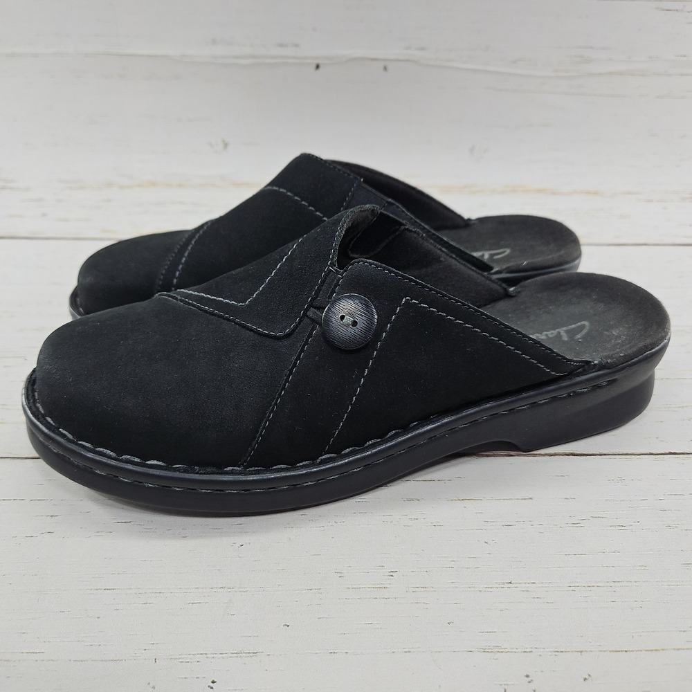 Clarks Betty Lou Black Suede Leather Clogs Mules Womens Size 9 Wedge Shoes
